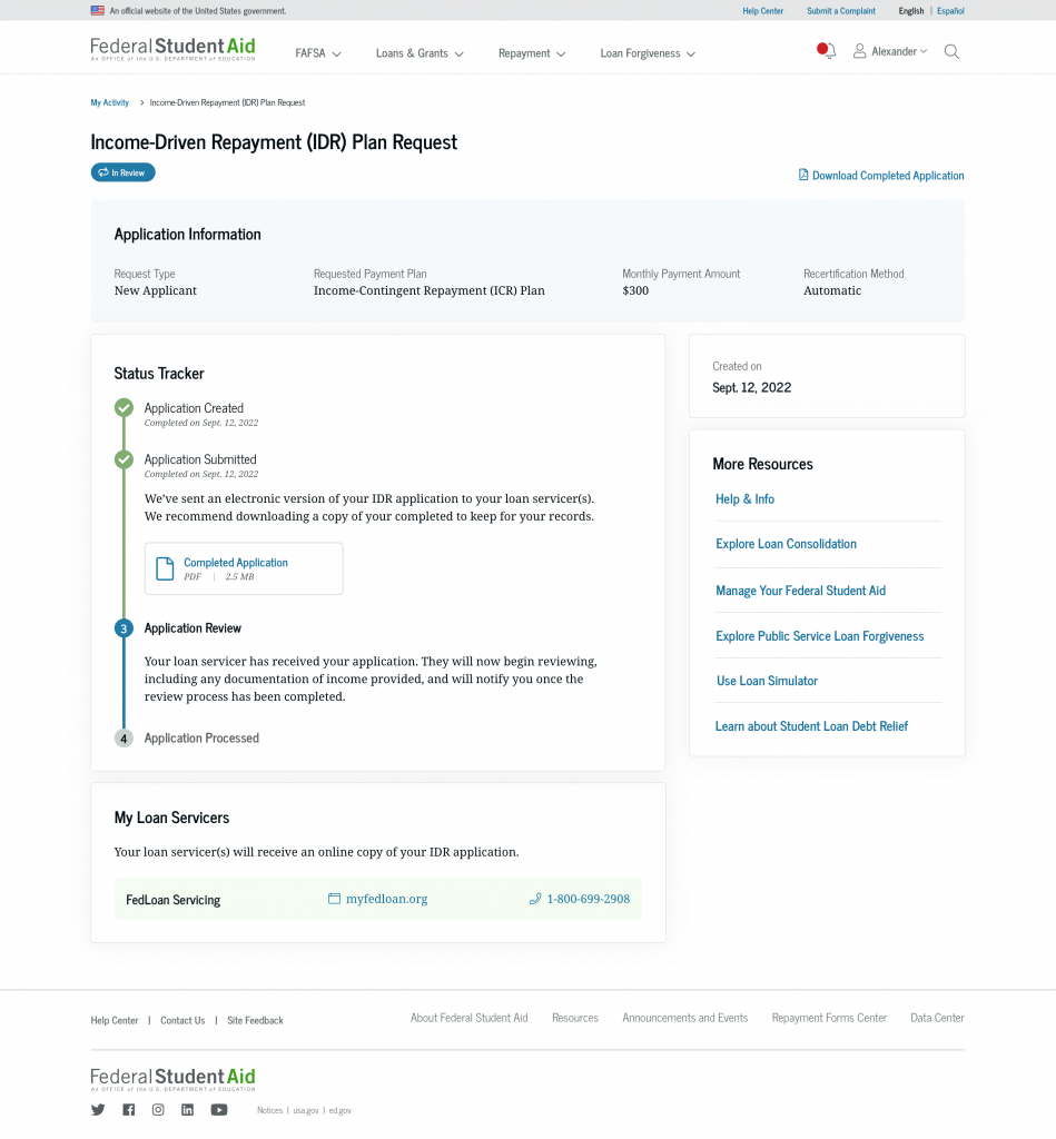 An IDR app in the "in review" step