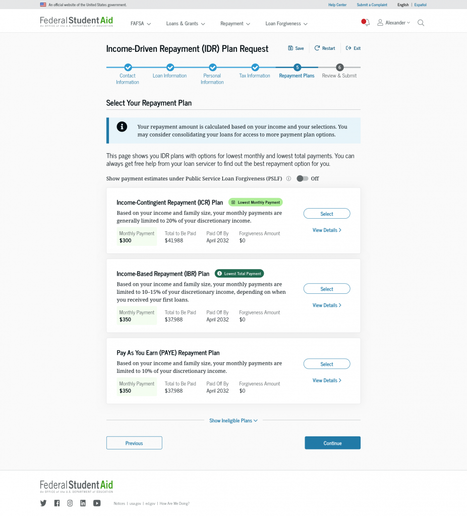 The select a repayment plan page on the IDR app.
