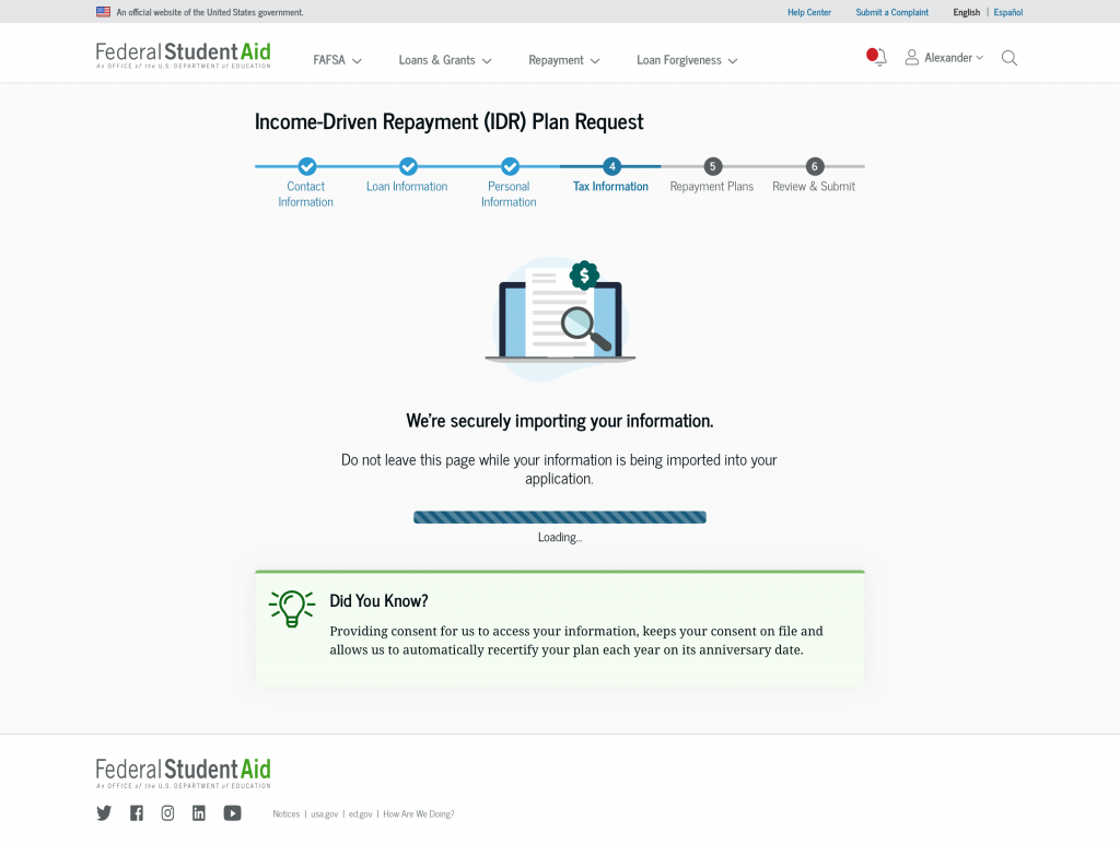 A loading page indicates the application is securely connecting to gather a borrower's tax information. Borrowers really appreciated this feedback and transparency in the application. 